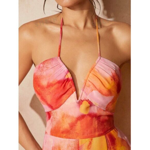 Chiffon Tie Dye Split Thigh Wide Leg Jumpsuit - Picture 4 of 9